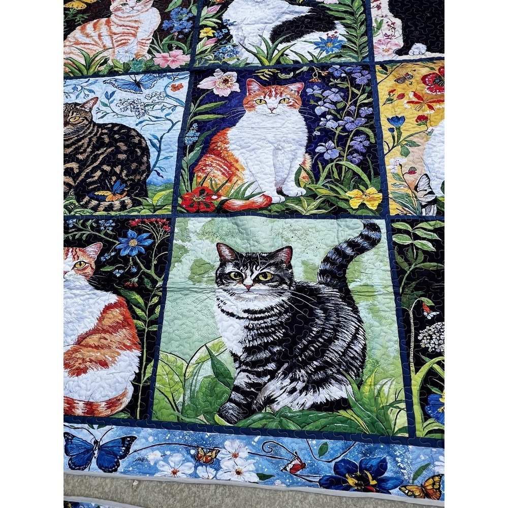 Handmade Rachel's Cat Garden Cat Quilt Set Floral Cats Cottage Whimsical 103x90